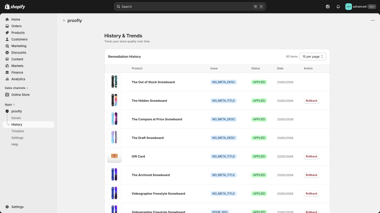 Remediation History showing 85 applied fixes with product thumbnails, issue types, dates, and one-click Rollback buttons