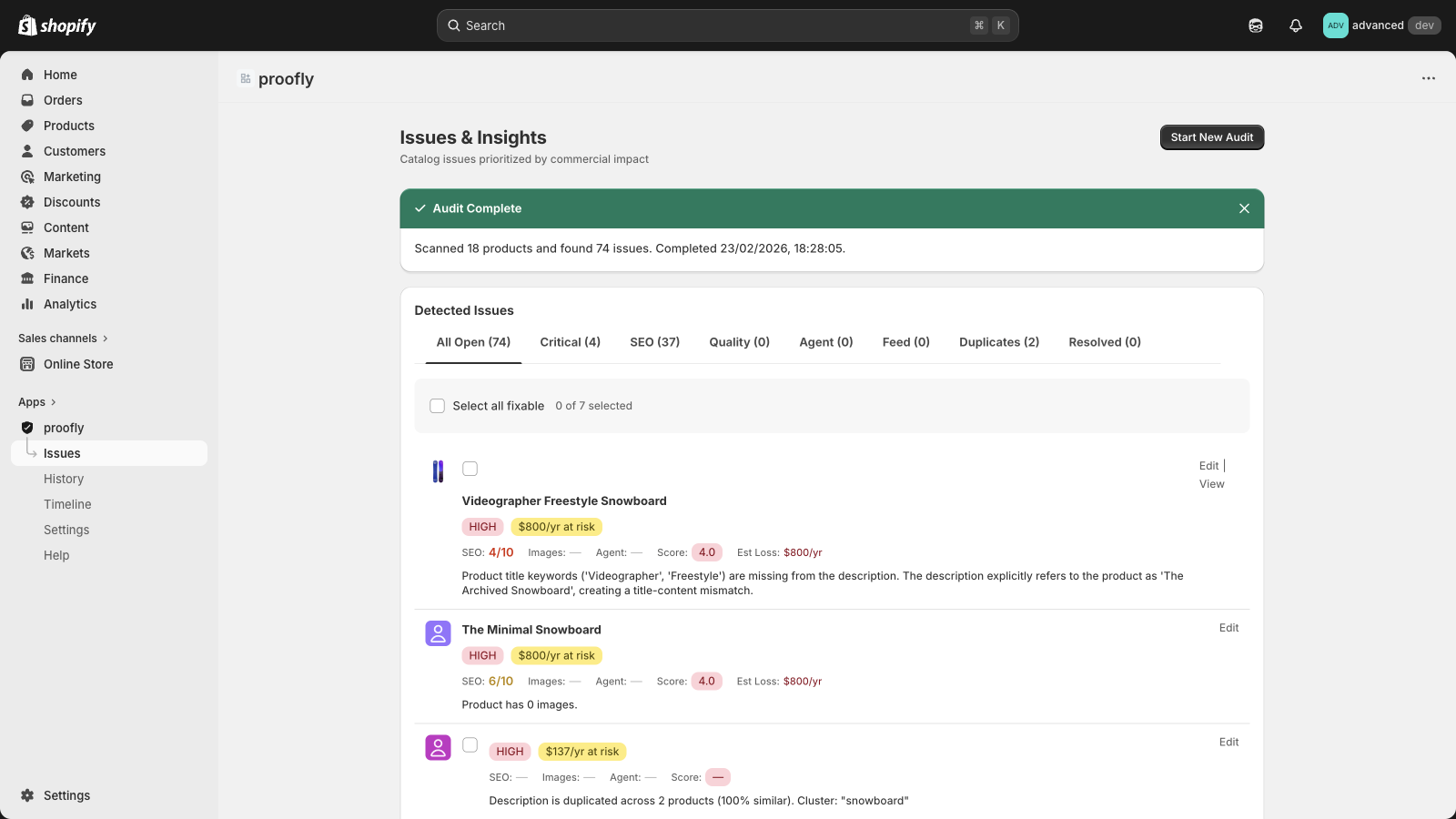 Issues & Insights page showing 74 detected issues across Critical, SEO, Quality, Agent, Feed, and Duplicates tabs with revenue-at-risk estimates per product