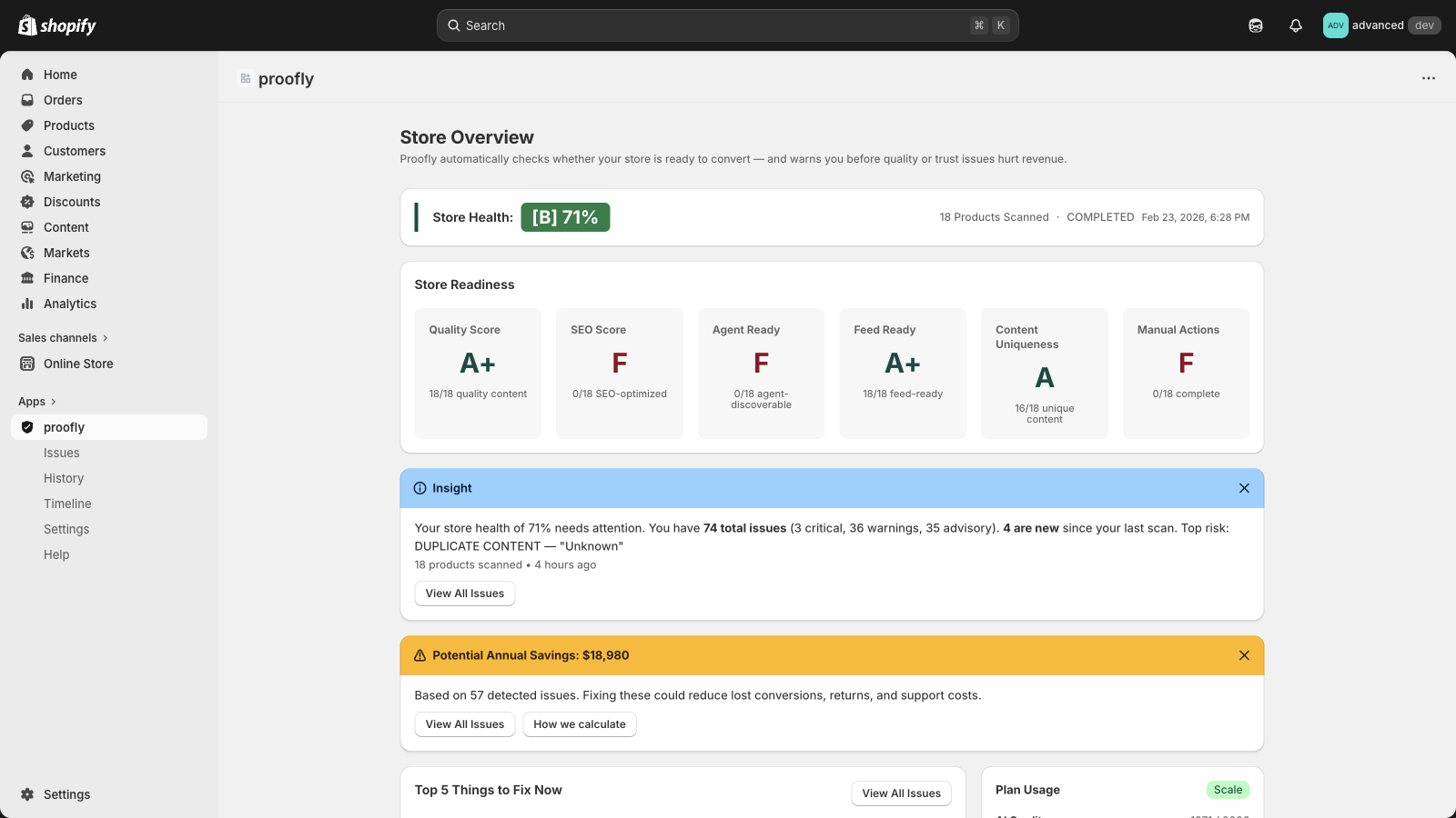Store Overview dashboard showing Store Health grade B at 71%, with Quality A+, SEO F, Agent Ready F, Feed Ready A+, Content Uniqueness A, and $18,980 potential annual savings