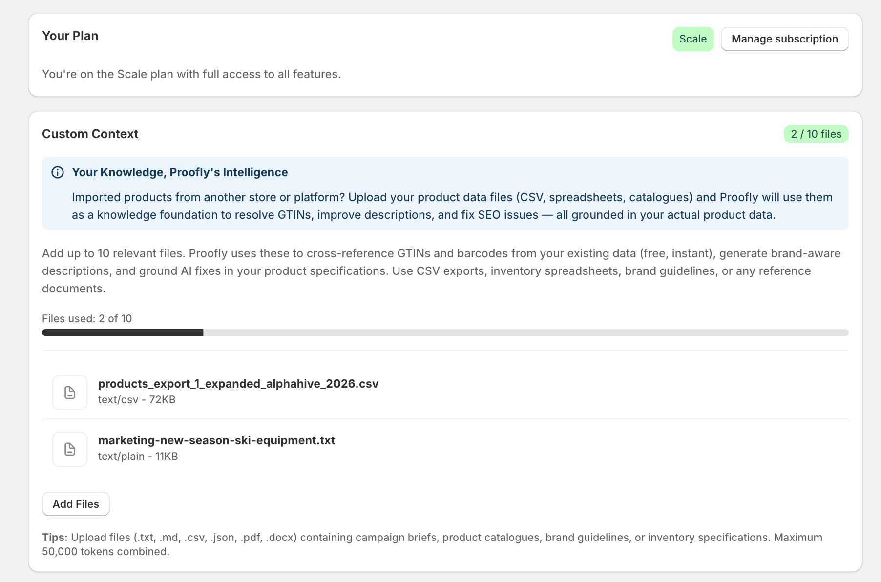 Custom Context file upload showing 2 of 10 files used