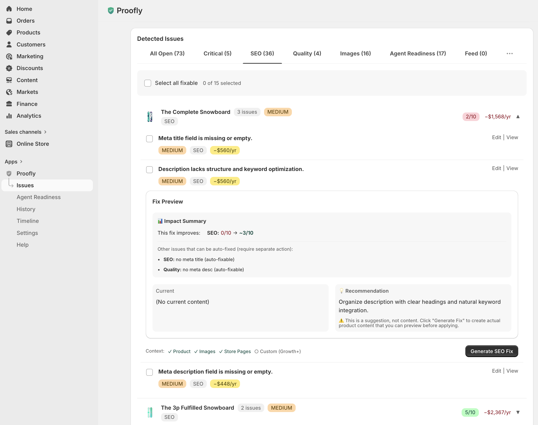 SEO fix preview showing impact summary and AI recommendation